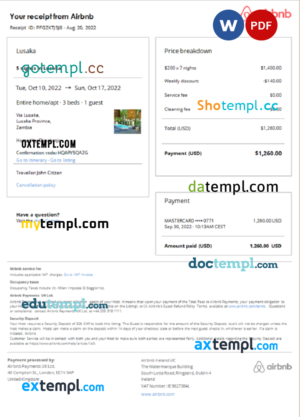 Zambia Airbnb booking confirmation Word and PDF template
