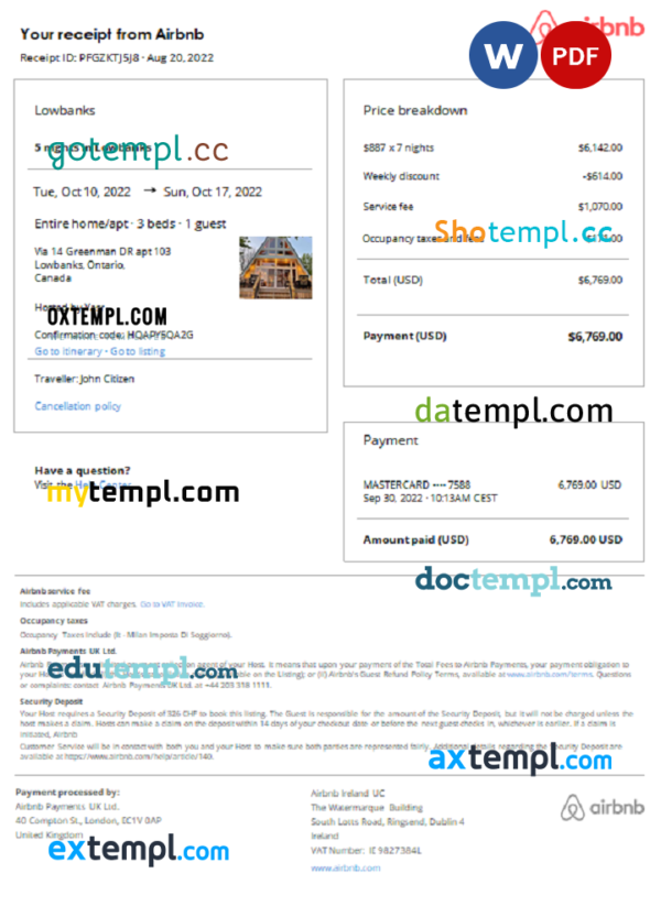 Canada Airbnb booking confirmation Word and PDF template