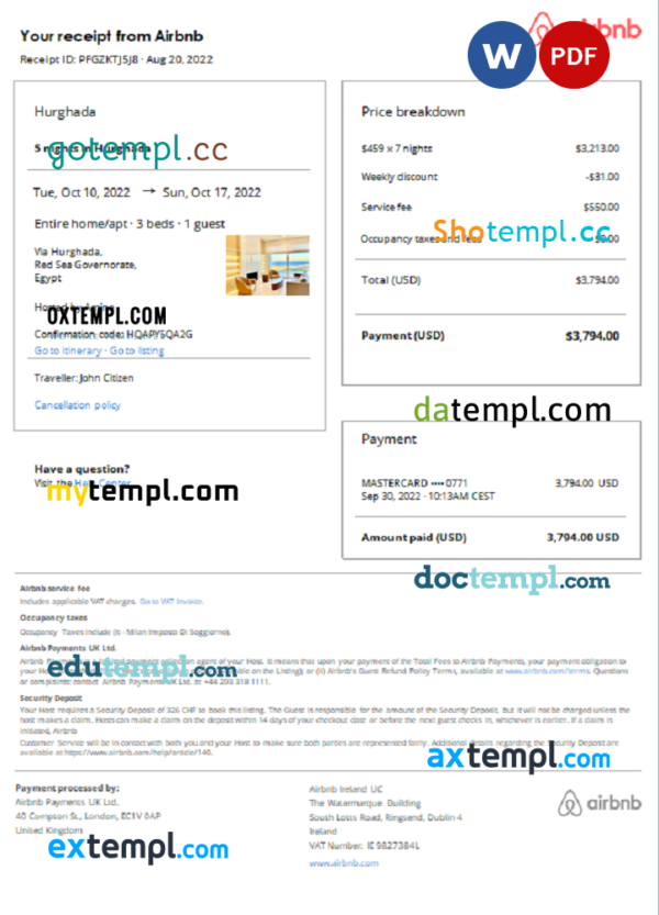 Egypt Airbnb booking confirmation Word and PDF template