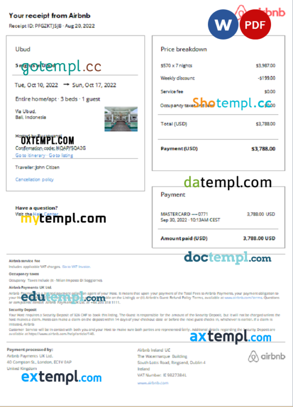 Indonesia Airbnb booking confirmation Word and PDF template
