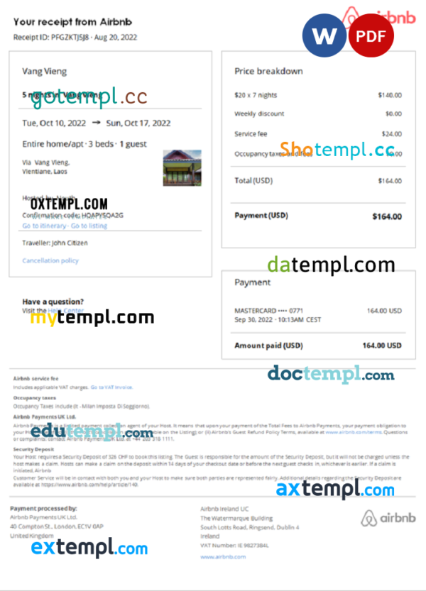 Laos Airbnb booking confirmation Word and PDF template
