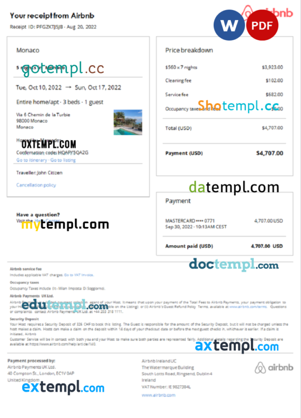 Monaco Airbnb booking confirmation Word and PDF template