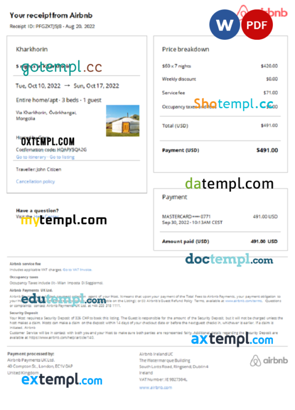 Mongolia Airbnb booking confirmation Word and PDF template