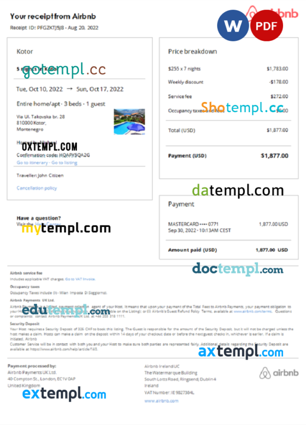 Montenegro Airbnb booking confirmation Word and PDF template