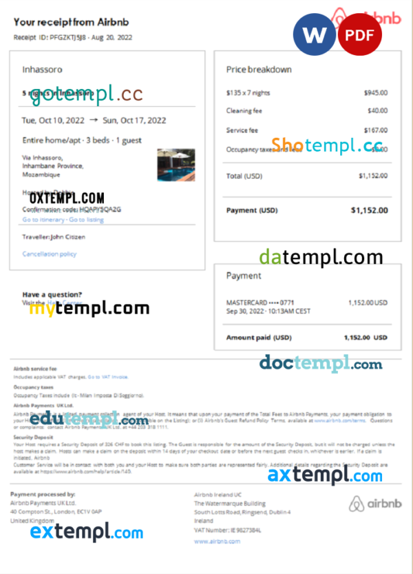 Mozambique Airbnb booking confirmation Word and PDF template