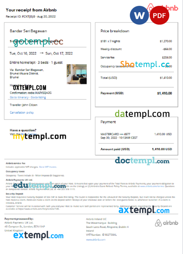 Brunei Airbnb booking confirmation Word and PDF template
