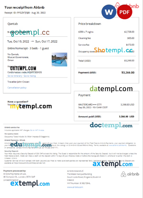 Oman Airbnb booking confirmation Word and PDF template