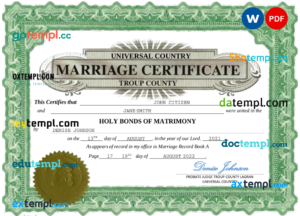 # lush design universal marriage certificate Word and PDF template, fully editable