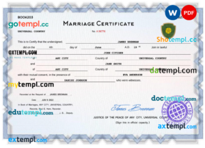# full-frontal universal marriage certificate Word and PDF template, completely editable