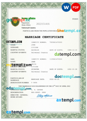 # amore universal marriage certificate Word and PDF template, fully editable