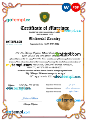 # gloss universal marriage certificate Word and PDF template, fully editable