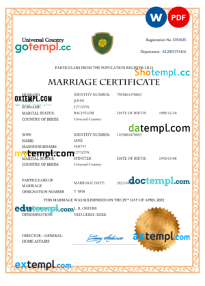 # charm universal marriage certificate Word and PDF template, completely editable