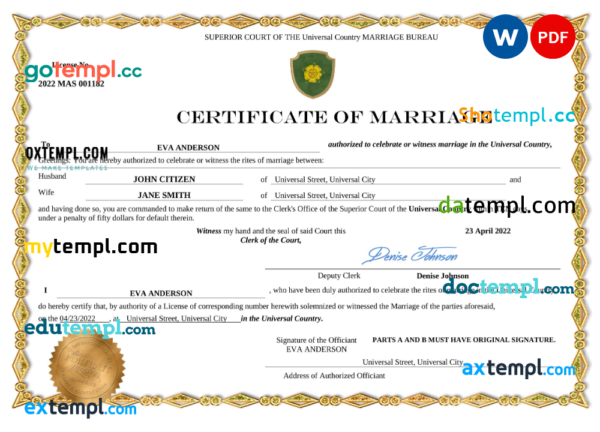 # shadow universal marriage certificate Word and PDF template, fully editable