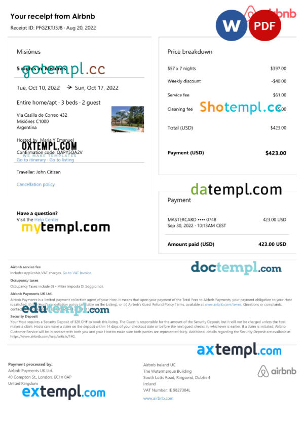 Argentina Airbnb booking confirmation Word and PDF template