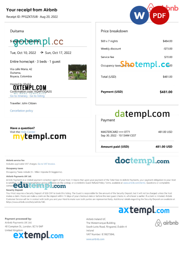 Colombia Airbnb booking confirmation Word and PDF template