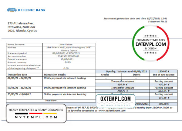 Cyprus Hellenic bank statement template in Word and PDF format