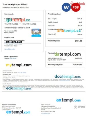Gambia Airbnb booking confirmation Word and PDF template