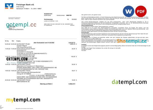Germany Freisinger bank statement template in Word and PDF format,(.doc and .pdf), 2 pages