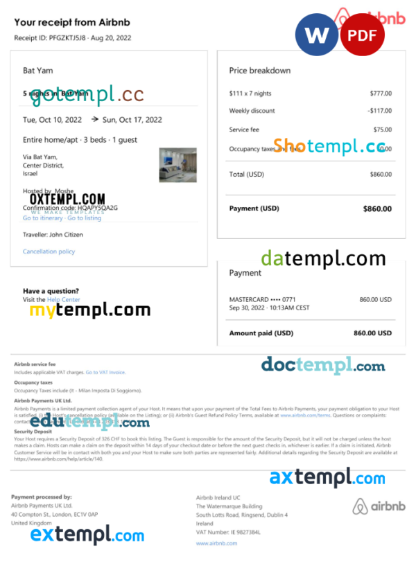 Israel Airbnb booking confirmation Word and PDF template