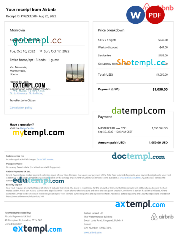Liberia Airbnb booking confirmation Word and PDF template