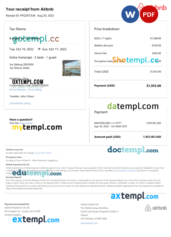 Malta Airbnb booking confirmation Word and PDF template
