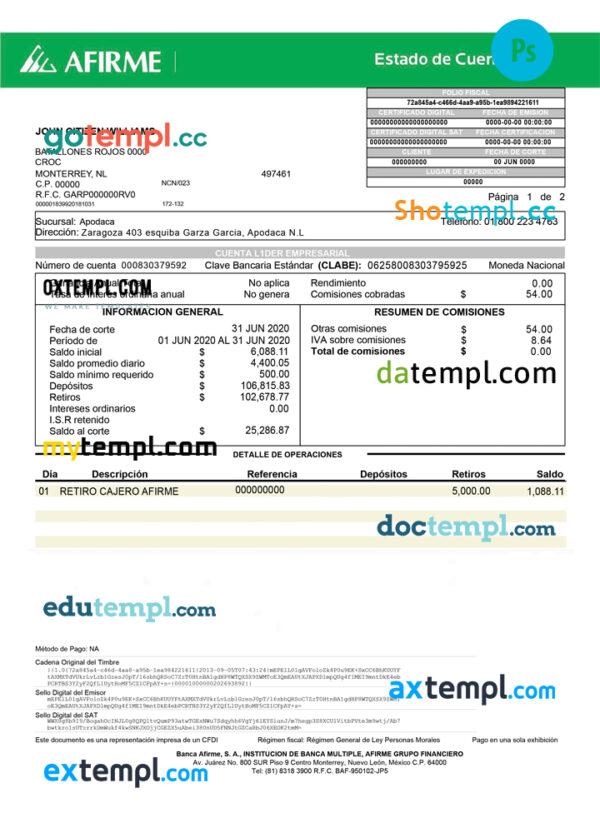Mexico Afirme bank account statement PSD template, fully editable