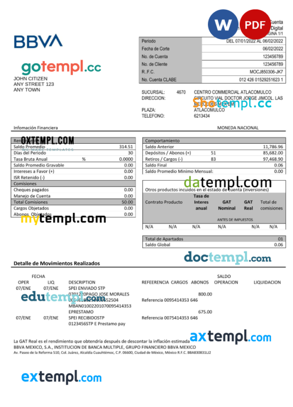 Mexico BBVA bank statement Word and PDF template, fully editable