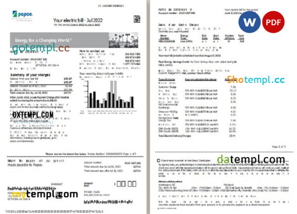 USA Maryland Pepco Utility Bill Word And PDF Template 3 Pages 