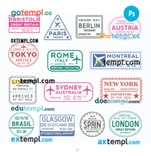 Bristol Paris Berlin travel stamp collection template of 14 PSD designs, with fonts