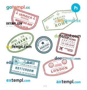 Jamaica Italy Japan travel stamp collection template of 7 PSD designs, with fonts