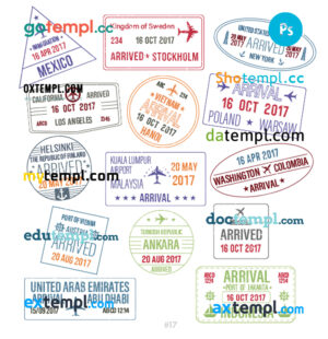 Mexico Sweden Indonesia travel stamp collection template of 14 PSD designs, with fonts