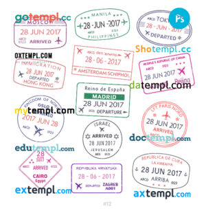 Moscow Manila Tokyo travel stamp collection template of 13 PSD designs, with fonts