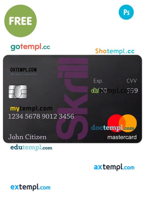 Skrill Mastercard's Debit card template designed in PSD format, completely editable