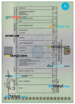 Tanzania birth certificate PSD template, completely editable, version 2