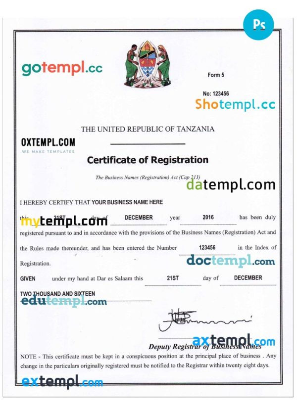TANZANIA business registration certificate PSD template