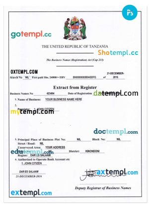 Tanzania business registration certificate PSD template, version 2