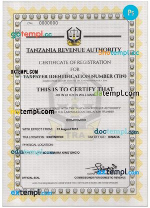 Tanzania taxpayer identification number (TIN) registration certificate PSD template