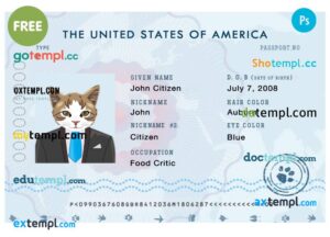 USA cat (animal, pet) electronic passport PSD template, fully editable