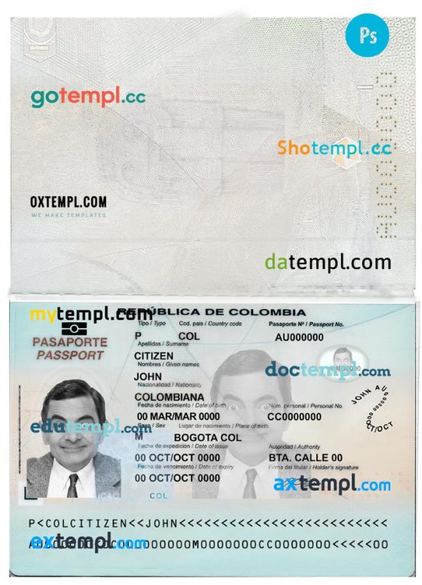 Colombia passport template in PSD format, fully editable, 2019 – present
