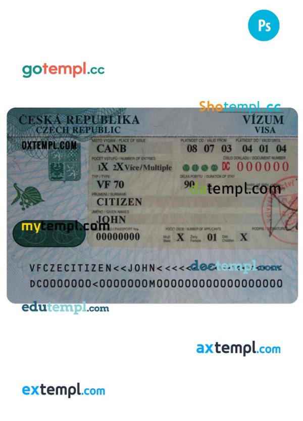 CZECH REPUBLIC entrance visa PSD template, with fonts