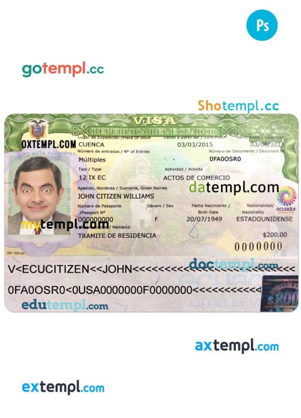 Ecuador entry visa PSD template, with fonts