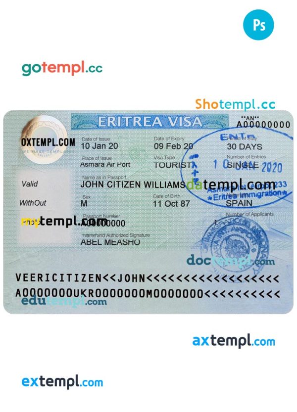 Eritrea entry visa PSD template, with fonts