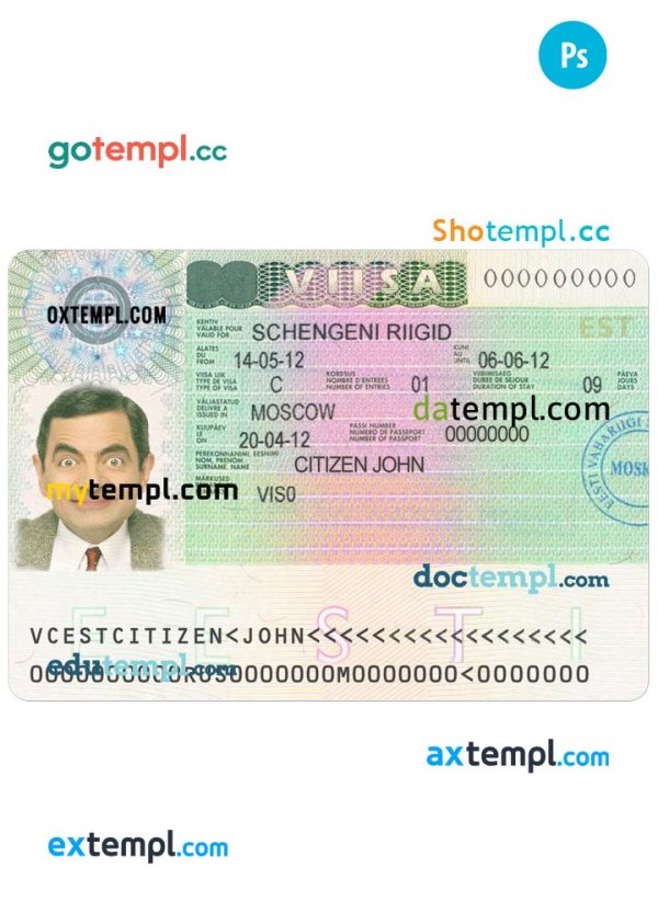 ESTONIA schengen visa PSD template, with fonts