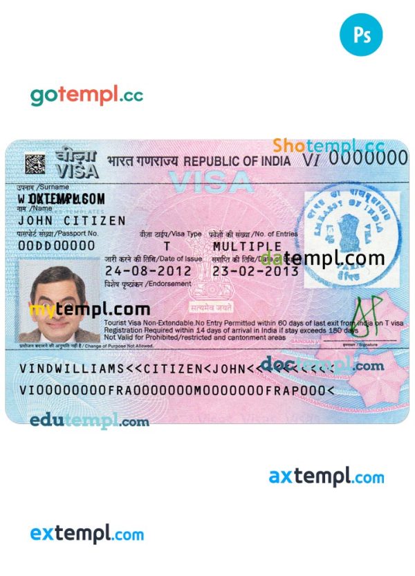 India tourist visa PSD template, completely editable, with fonts