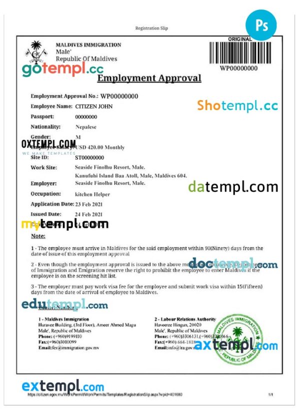 MALDIVES electronic visa PSD template, fully editable