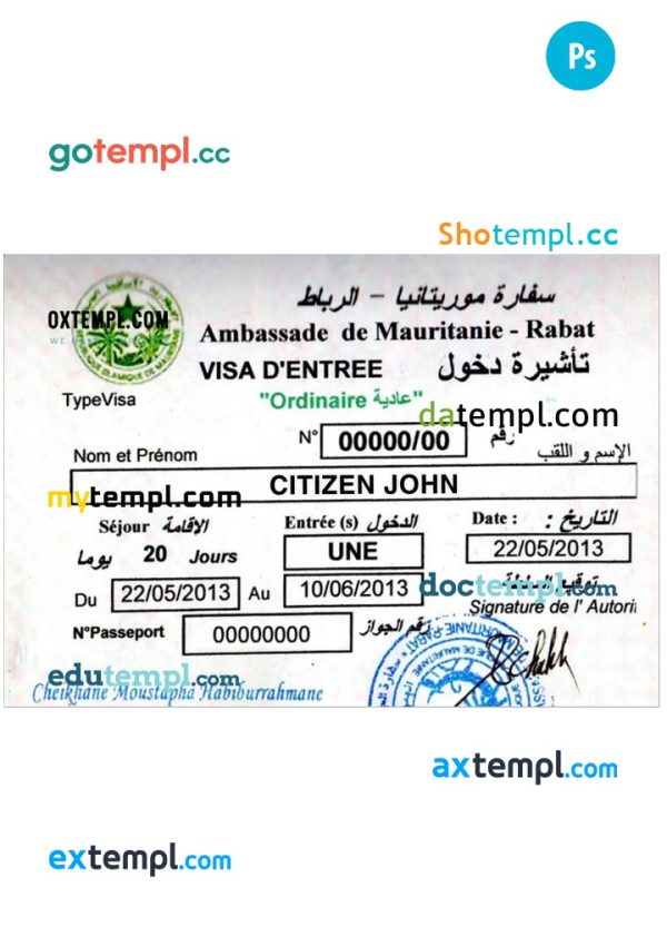 MAURITANIA – Rabat travel visa PSD template, completely editable, with fonts