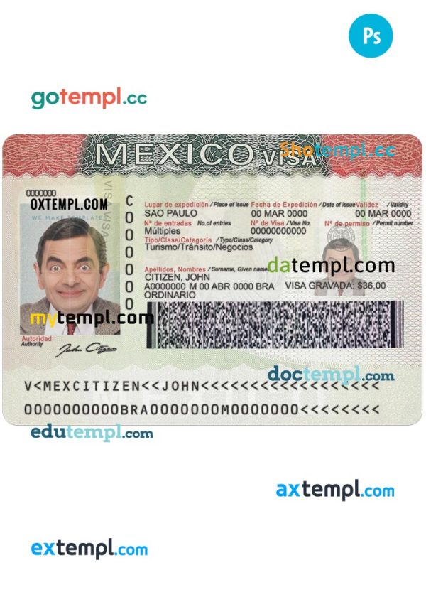 Mexico tourist visa PSD template, completely editable, with fonts