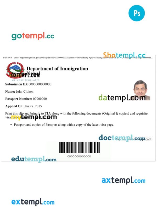 NEPAL electronic tourist visa PSD template, fully editable