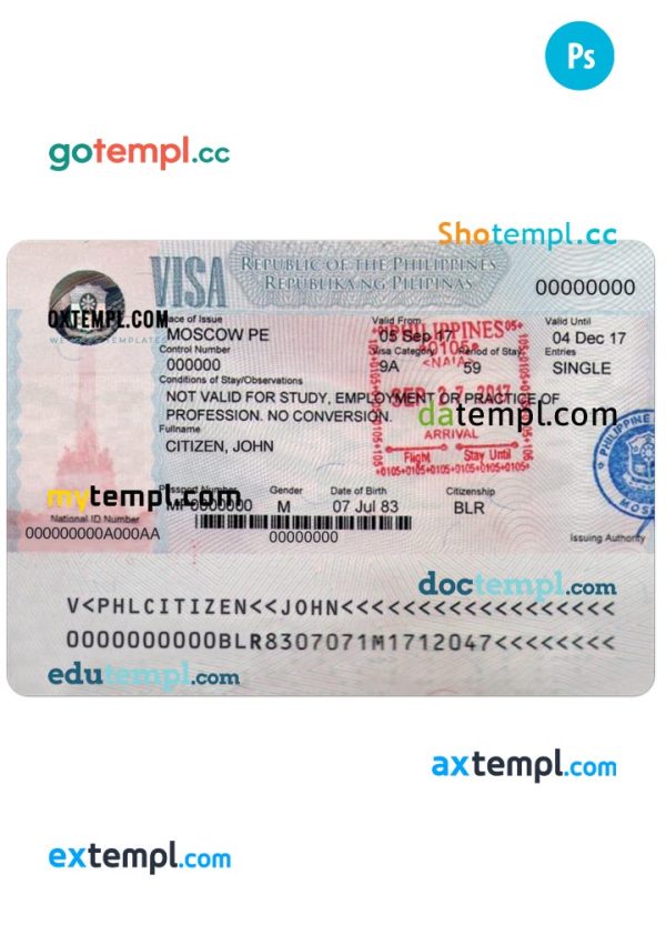 PHILIPPINES tourist visa PSD template, fully editable