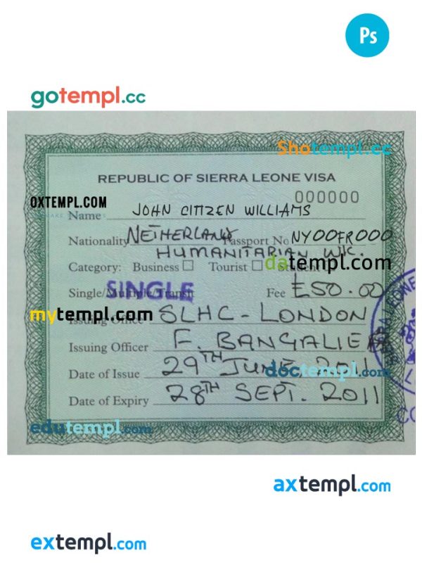 SIERRA LEONE tourist visa PSD template, fully editable